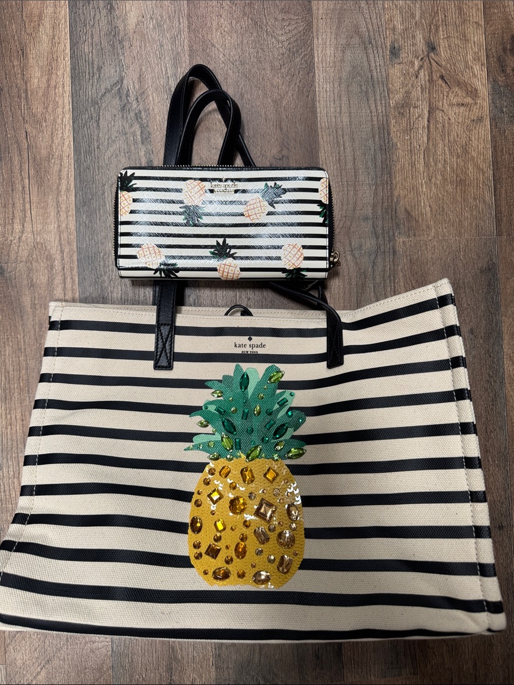 kate spade Black and White Striped Tote and Wallet with Jeweled Pineapple